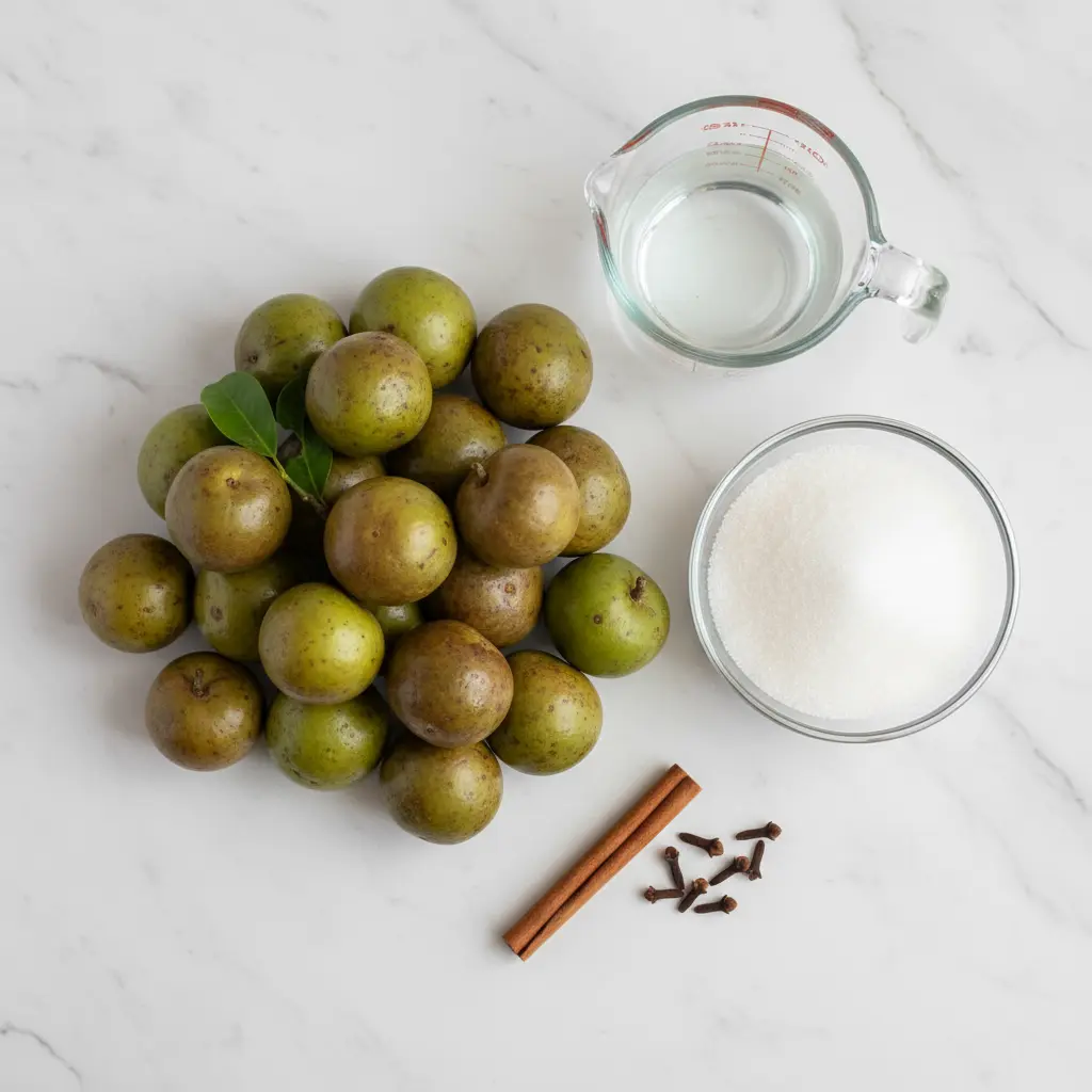 Ingredientes Clave Ingredientes frescos para dulce de mamoncillo: mamoncillos, azúcar, agua, canela y clavo