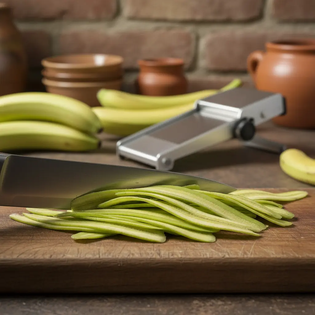 Cortando plátano verde en rodajas finas Corte de rodajas finas y transparentes de plátano verde con cuchillo afilado.