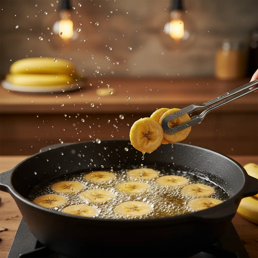 Mariquitas crujientes de plátano verde fritas Mariquitas de plátano verde fritas en aceite burbujeante en caldero cubano.