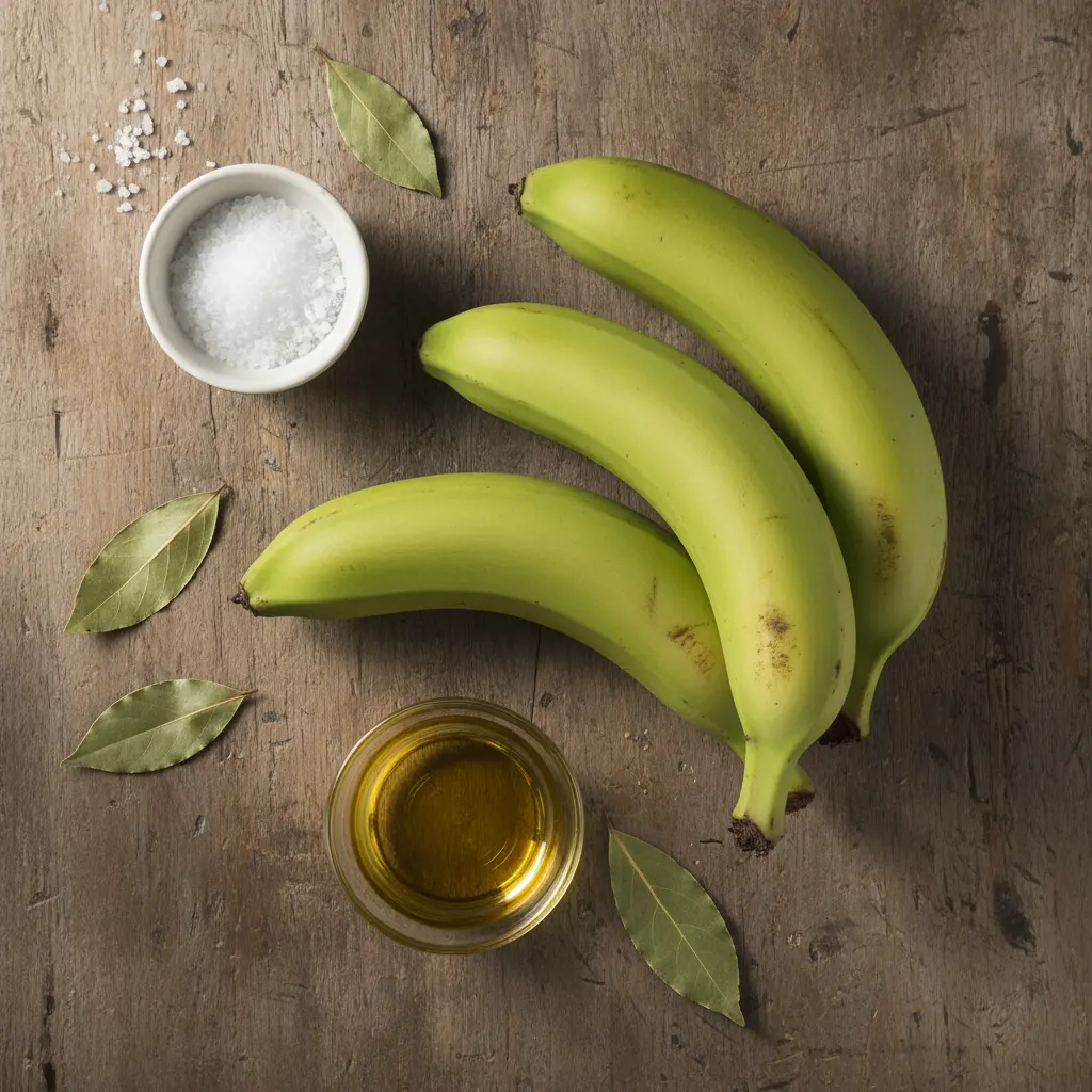 Ingredientes para mariquitas cubanas Plátanos verdes frescos para mariquitas cubanas, sal marina y aceite vegetal en madera rústica.