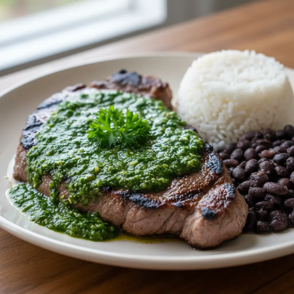 Bistec cubano a la parrilla con chimichurri verde, arroz blanco y frijoles negros.