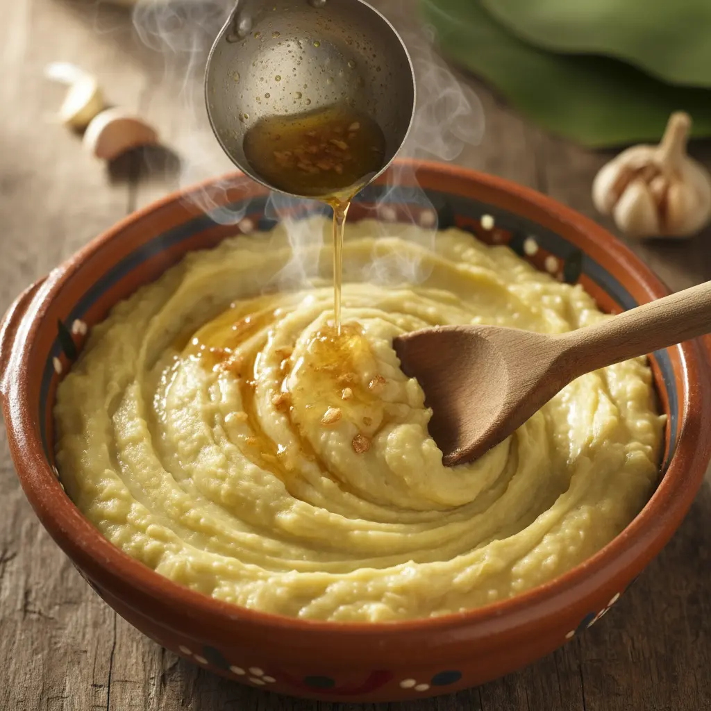 Fufú de plátano cremoso en tazón rústico, mezclado con cuchara de madera y manteca de ajo.