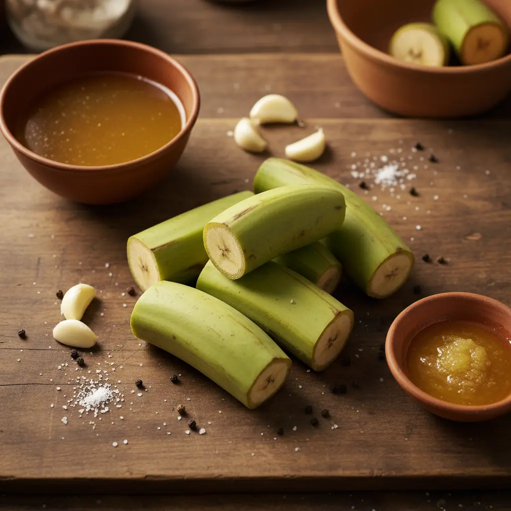 Ingredientes frescos para fufú de plátano cubano: plátanos verdes, caldo, ajo, manteca, sal y pimienta.