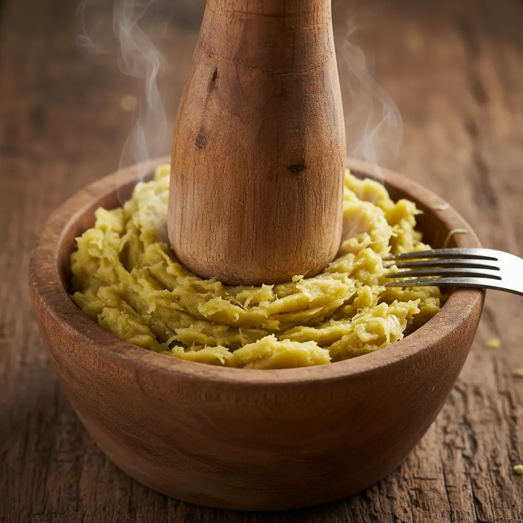 Plátano verde cocido machacado en pilón cubano, textura fibrosa, vapor, luz cálida