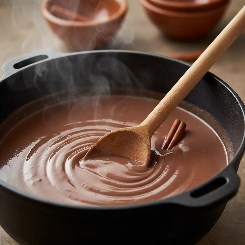 Cuchara removiendo leche con chocolate cubana cremosa en caldero, con vapor y canela.