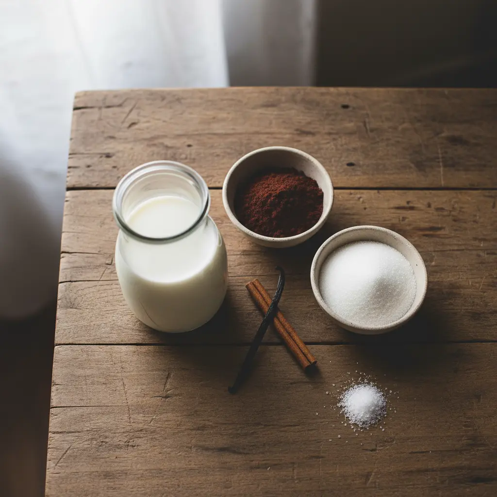 Ingredientes frescos para leche con chocolate cubana: leche, cacao, azúcar, canela, vainilla.
