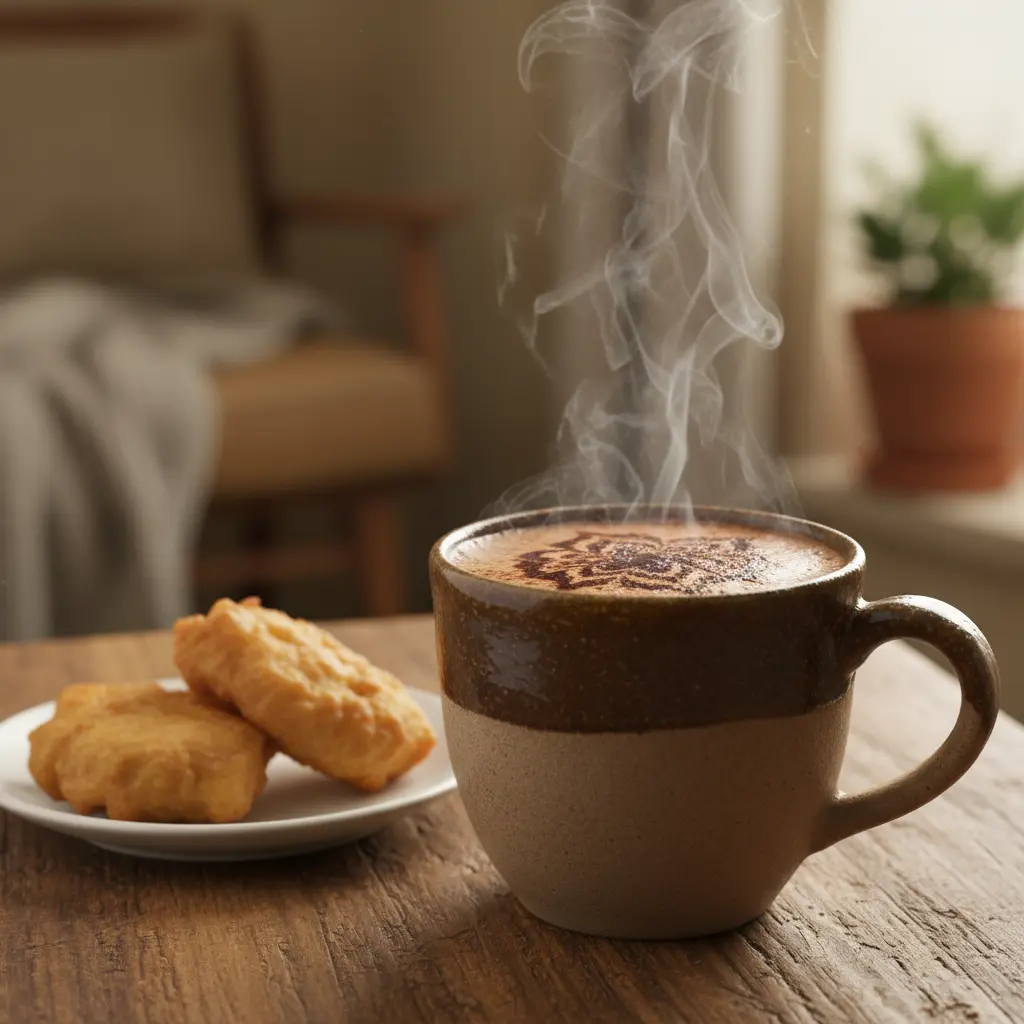 Leche con chocolate cubana humeante en taza de cerámica con frituras de malanga.