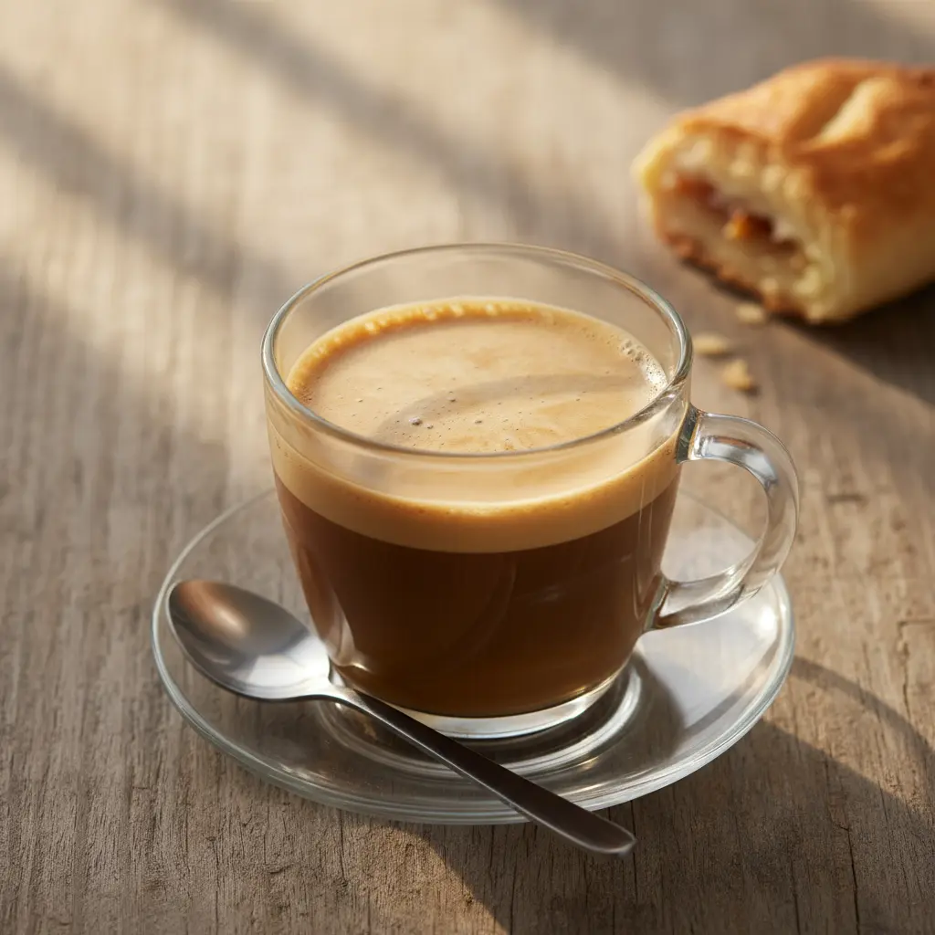 Café con leche cubano servido en una taza transparente