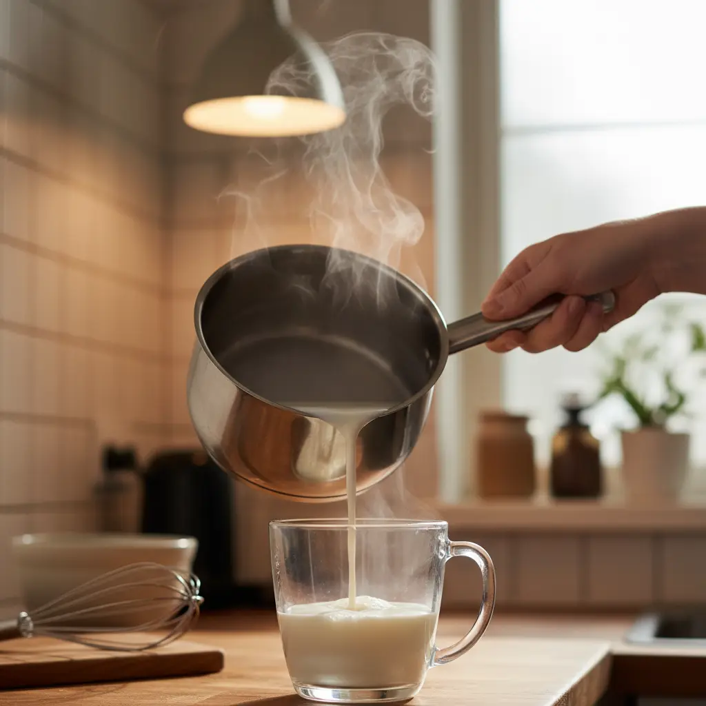 Leche entera caliente siendo vertida en una taza para café con leche