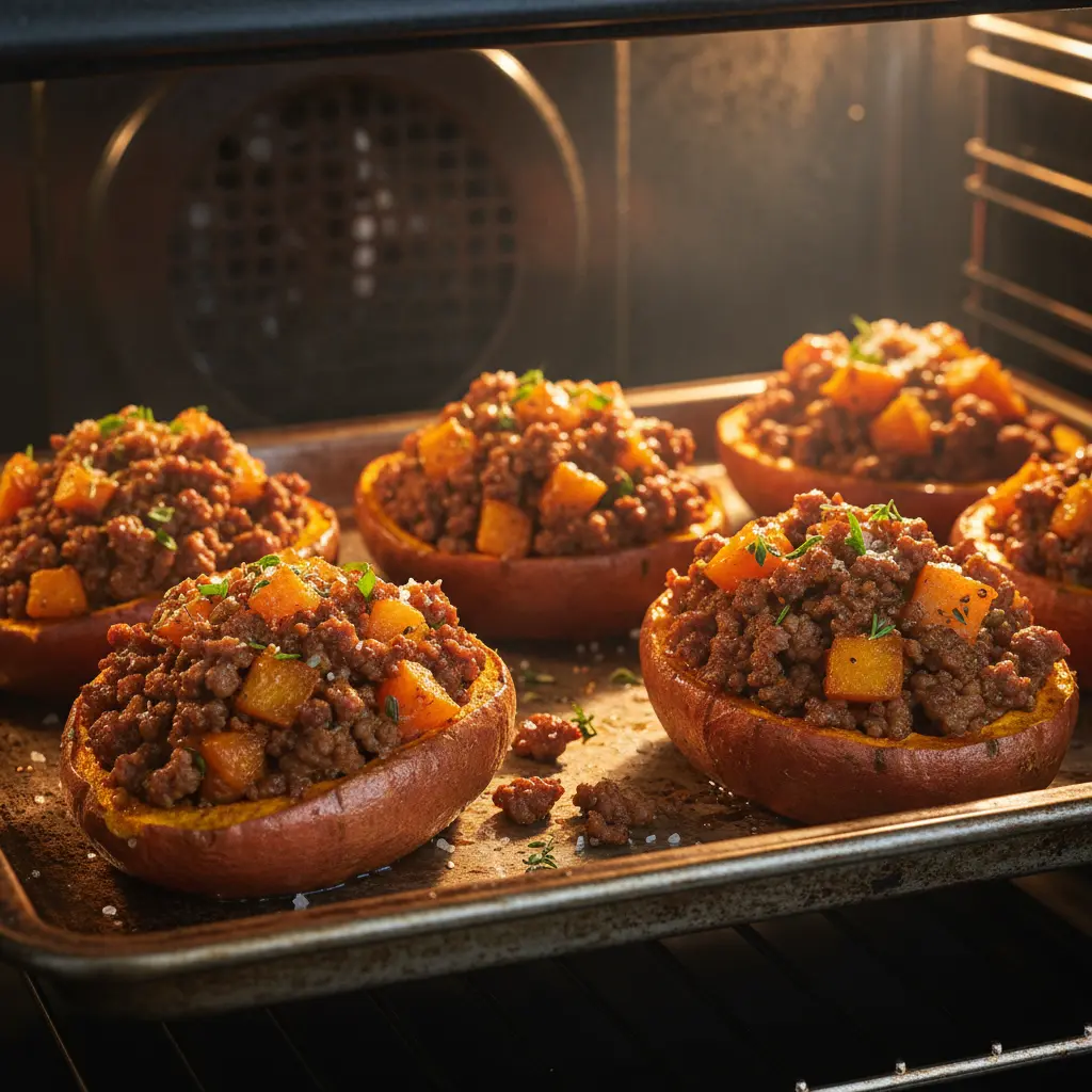 Boniatos rellenos dorados y listos para servir