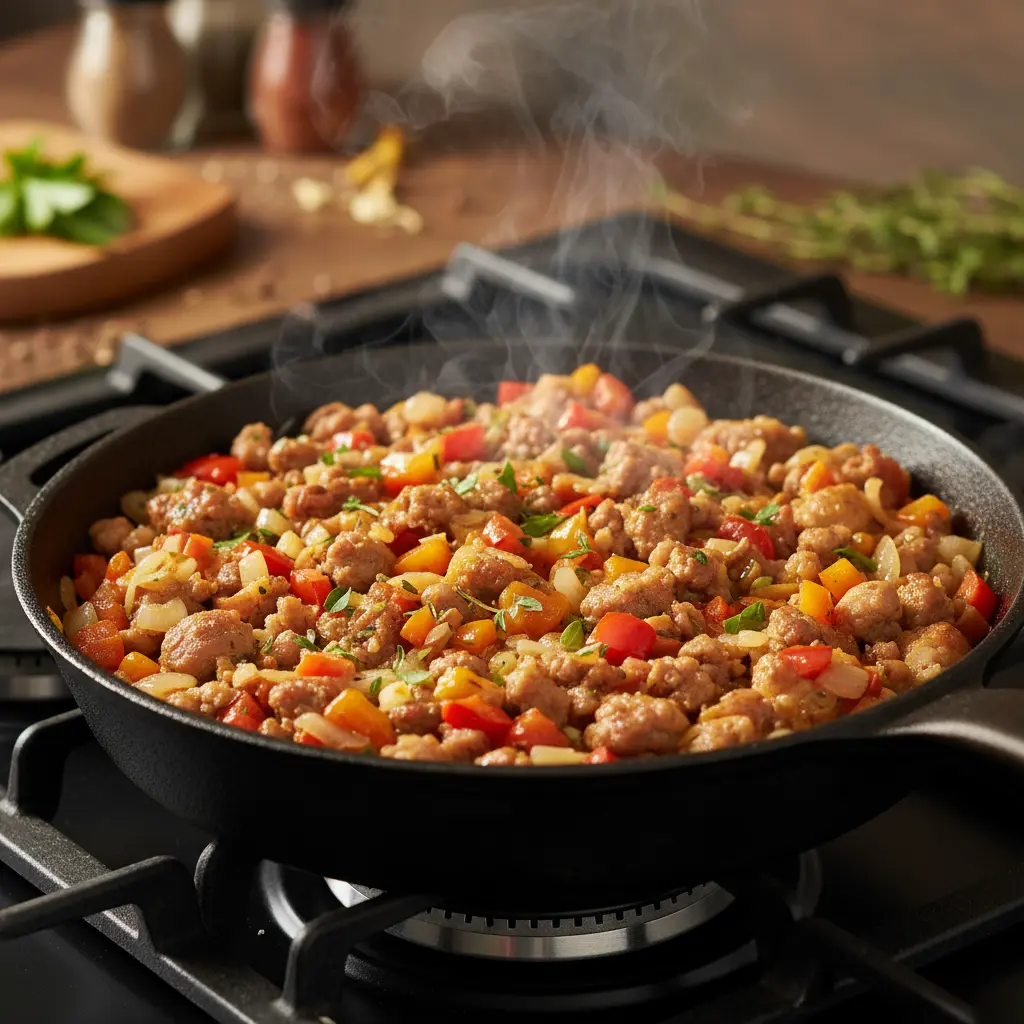 Sofrito y relleno de carne para boniatos rellenos