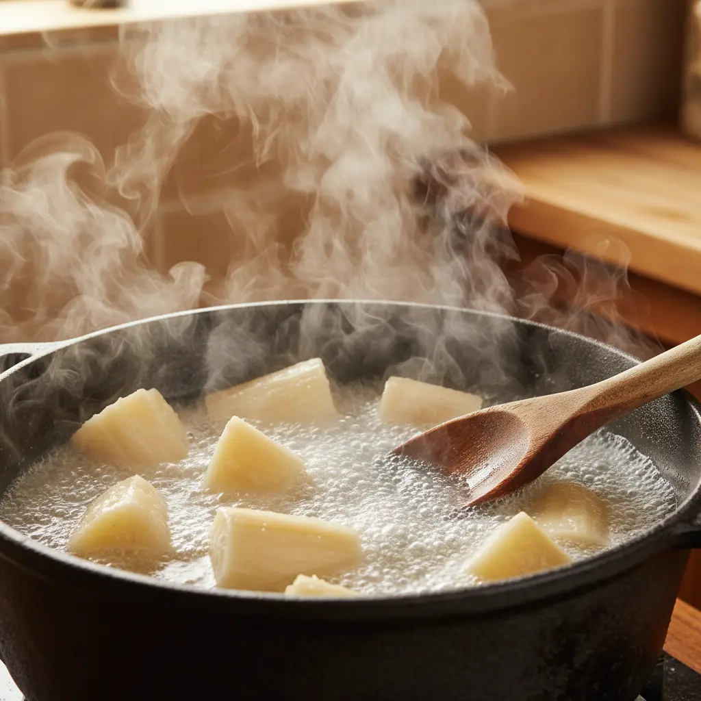 Trozos de yuca hirviendo en agua salada