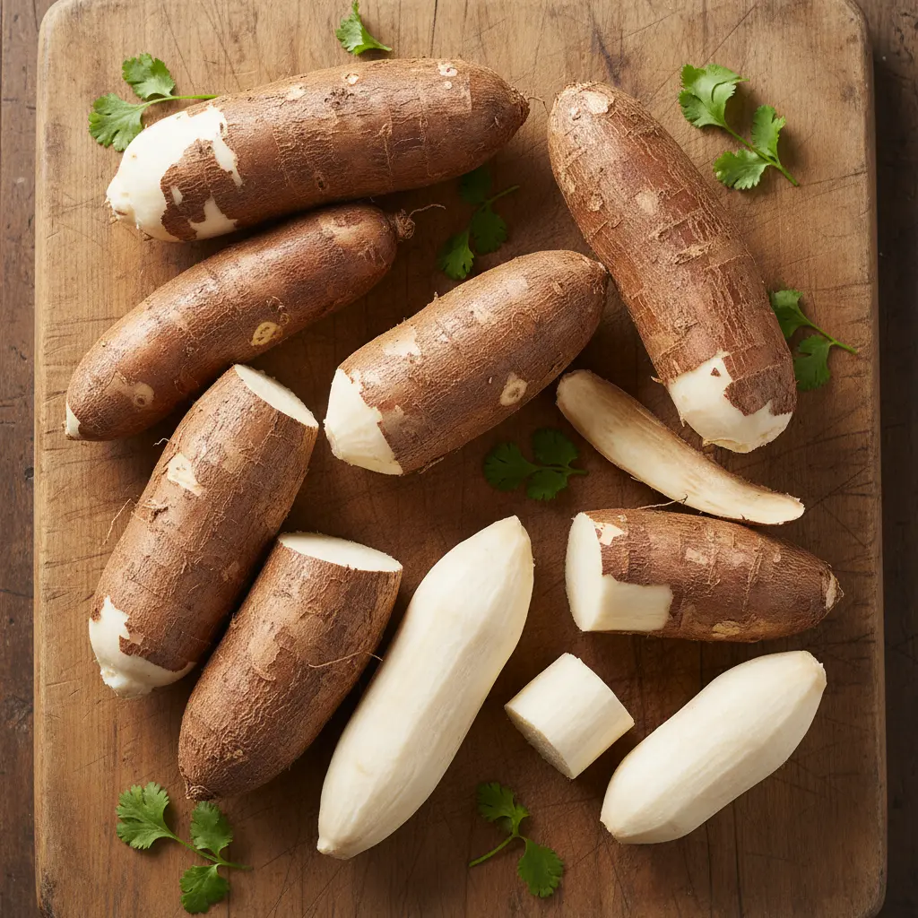Yuca fresca y raíces listas para cocinar
