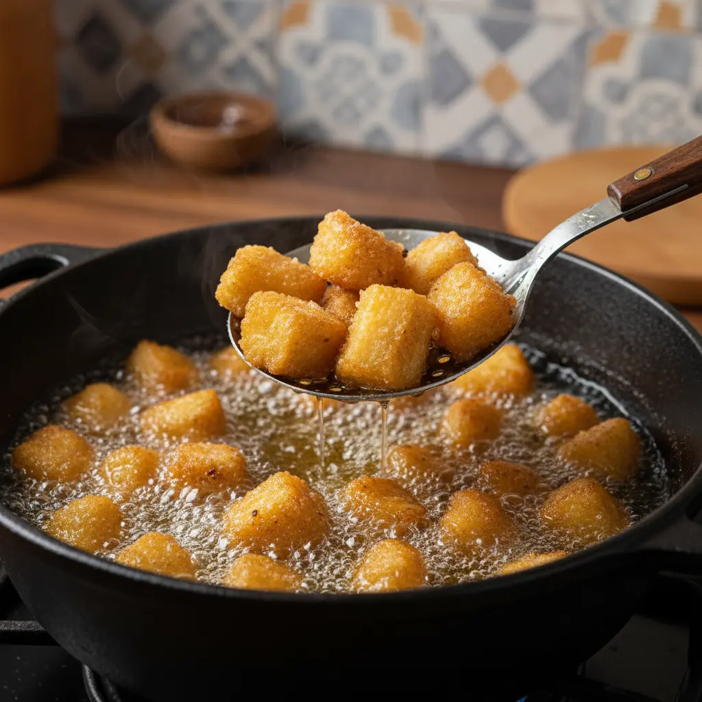 Yuca frita dorada y crujiente en aceite caliente