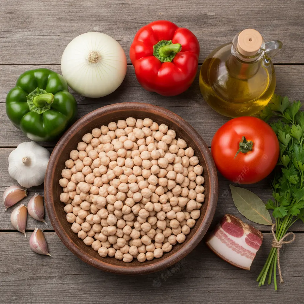 Ingredientes frescos para garbanzos cubanos en mesa rústica