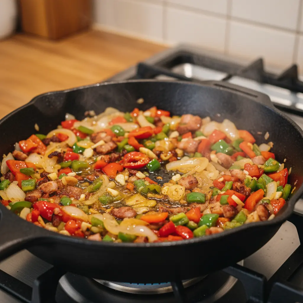 Sofrito de cebolla, pimientos y ajo en sartén