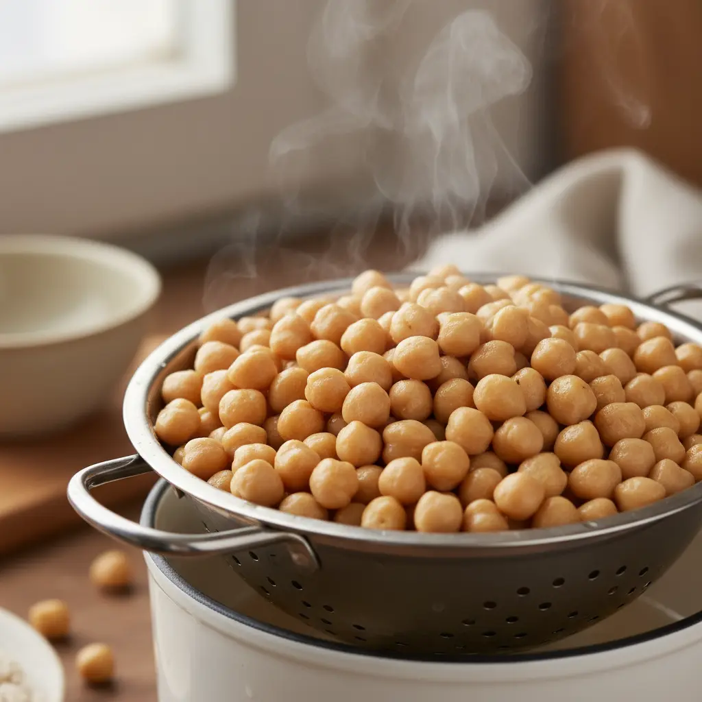 Garbanzos cocidos escurriéndose en un colador