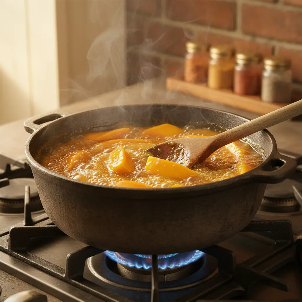Cocción lenta de dulce de mango en olla, mostrando la textura espesa y color ámbar.