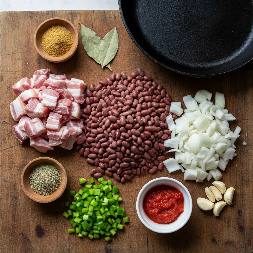 Ingredientes crudos para potaje de judías: frijoles rojos, cerdo, cebolla, ajo, pimiento, tomate.