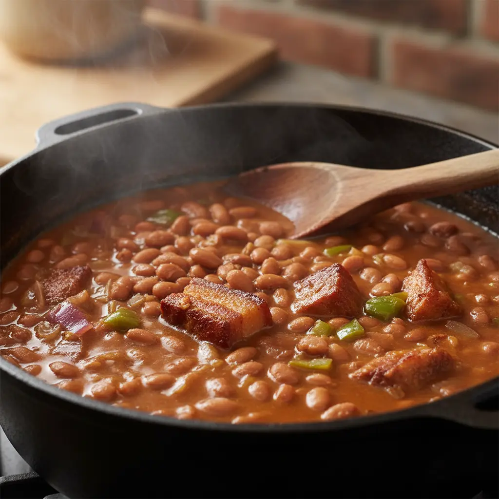 Potaje de judías cubano espeso con cerdo en caldero, luz cálida.