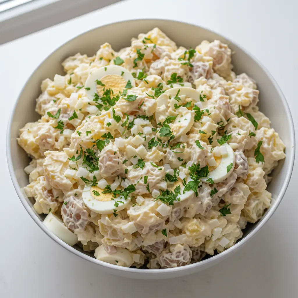 Ensalada de patata cremosa con huevo y cebolla, decorada con perejil fresco.