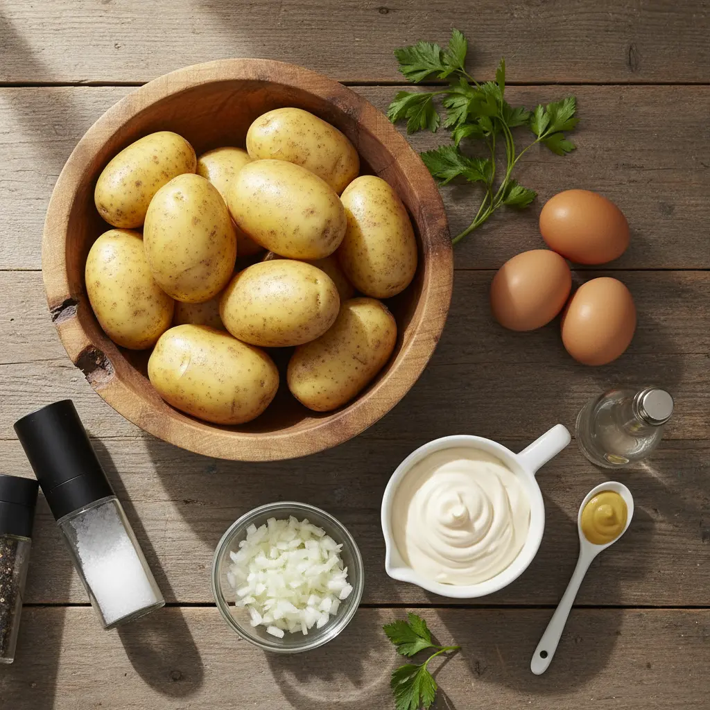 Ingredientes frescos para ensalada de papa cubana: papas Yukon Gold, huevos, cebolla, mayonesa, mostaza y perejil.