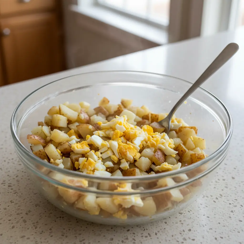 Patatas cocidas y huevos duros picados en bol, textura tierna, luz natural.