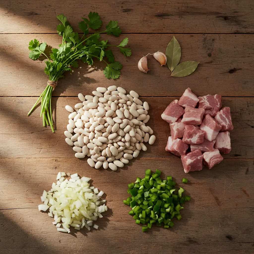 Ingredientes frescos para judías blancas cubanas: frijoles secos, jamón, cebolla, pimiento, ajo, laurel, cilantro.
