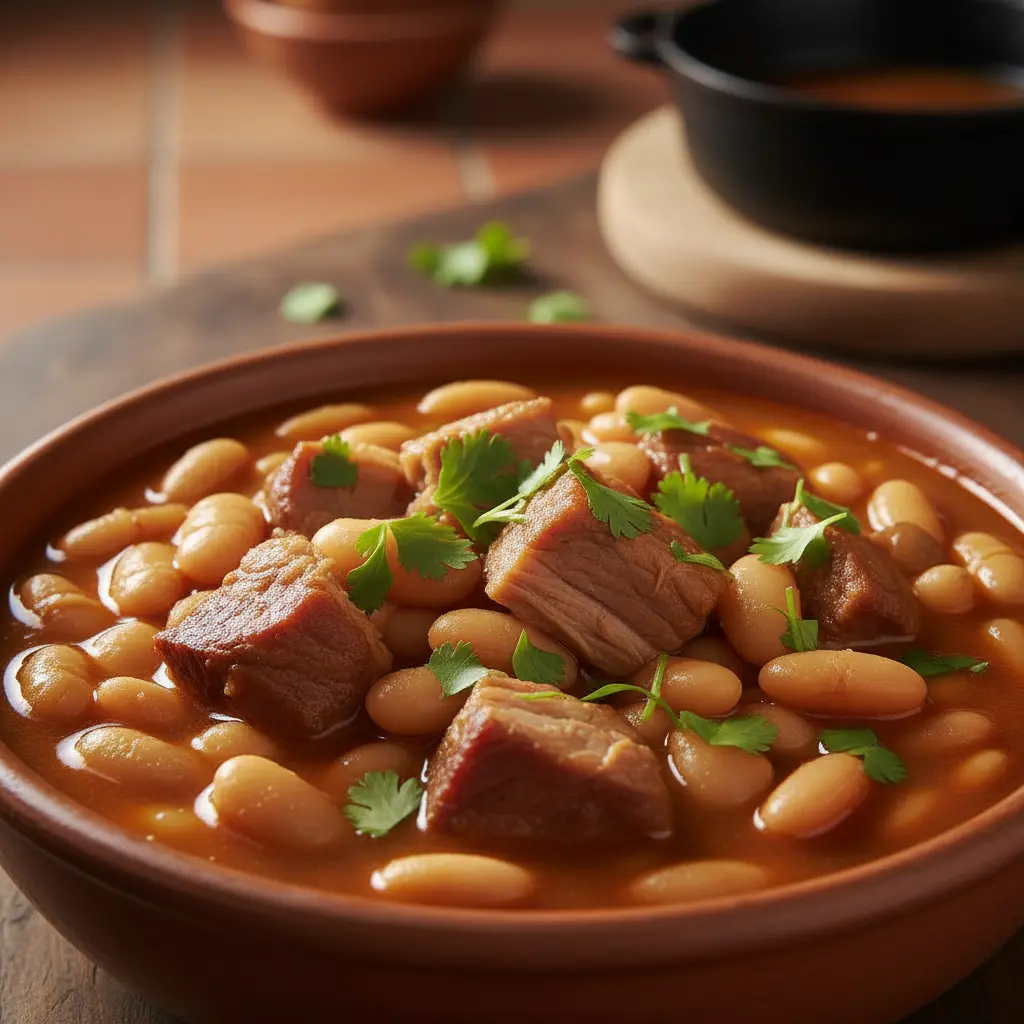 Judías blancas cubanas con cerdo tierno y caldo sabroso, cilantro fresco.