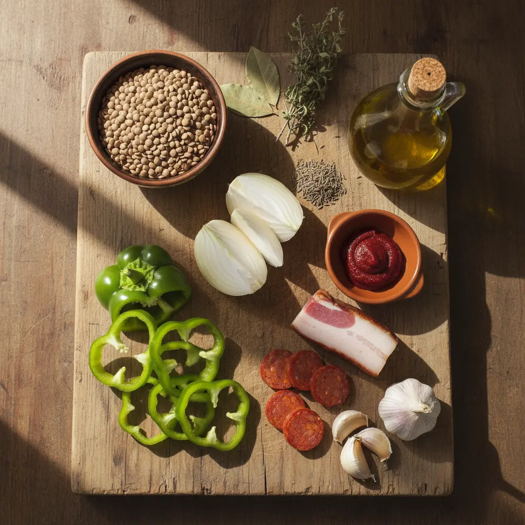 Ingredientes crudos para lentejas cubanas: lentejas, cebolla, pimiento, ajo, tocino, chorizo, especias.