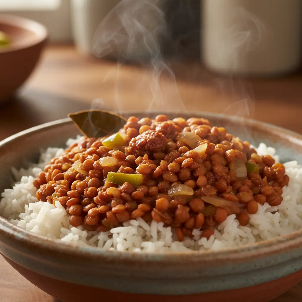 Lentejas cubanas auténticas humeantes con arroz blanco, cebolla y pimiento.