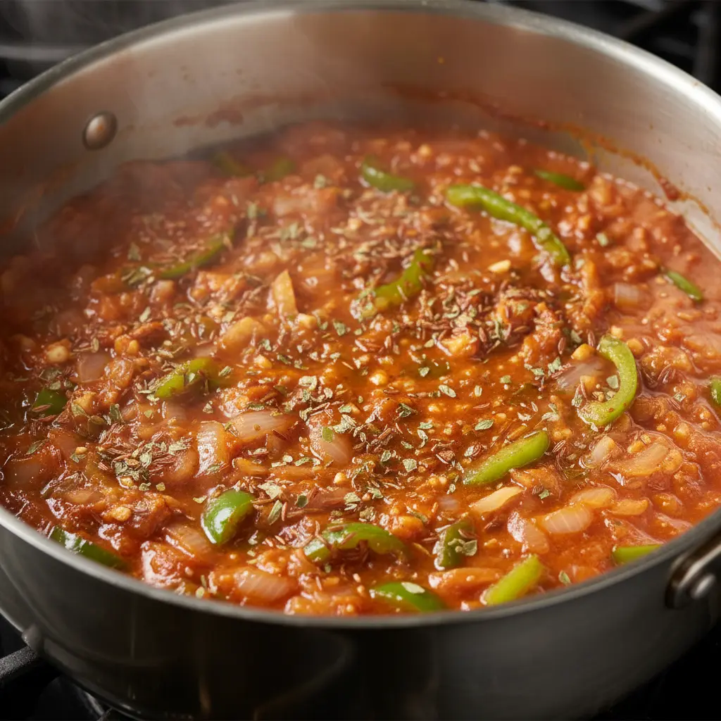 Sofrito cubano vibrante cocinándose en olla, cebolla, pimiento verde, ajo, tomate, comino.