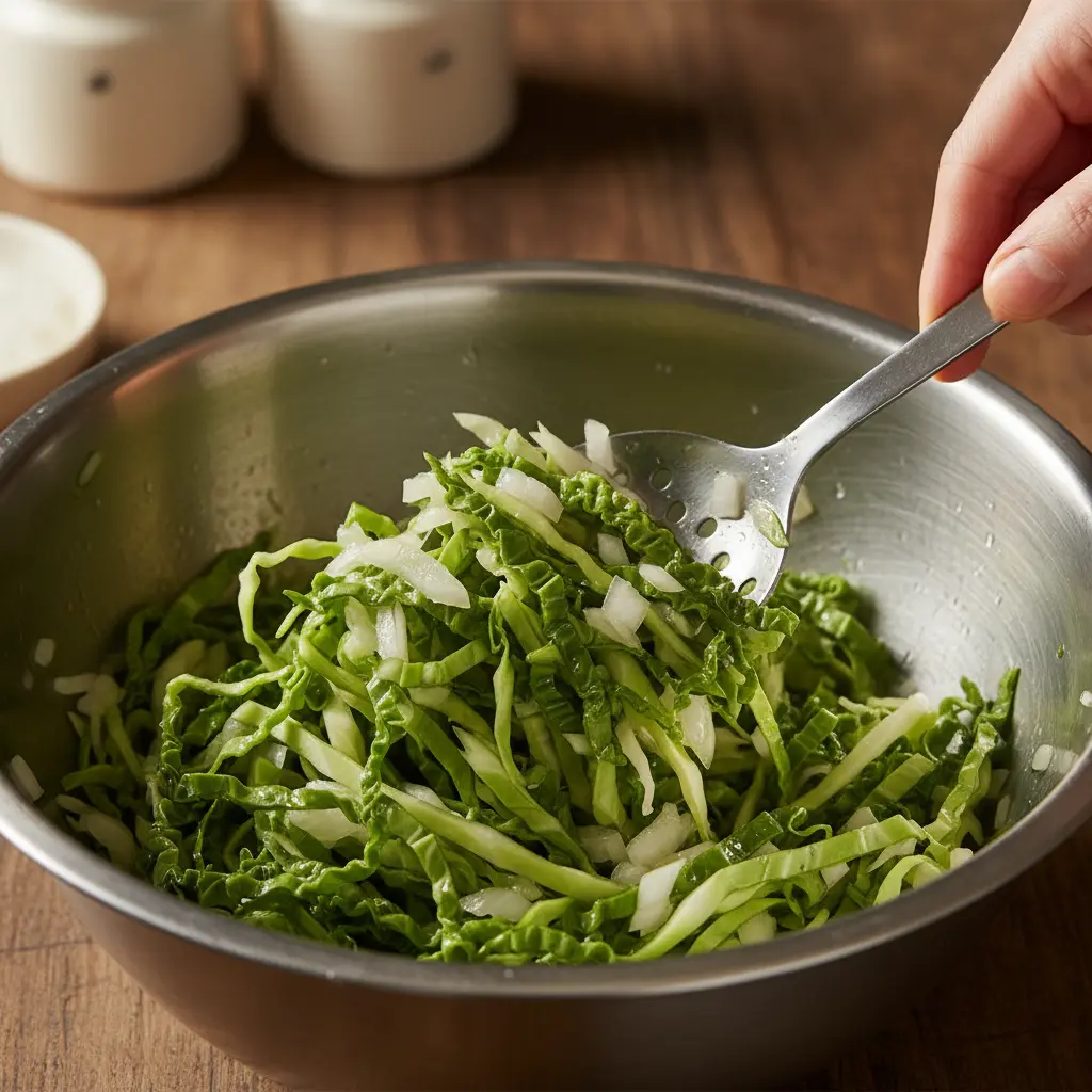 Ensalada de col y cebolla: preparación casera Col verde y cebolla blanca picada mezclándose en un bol, preparación casera.