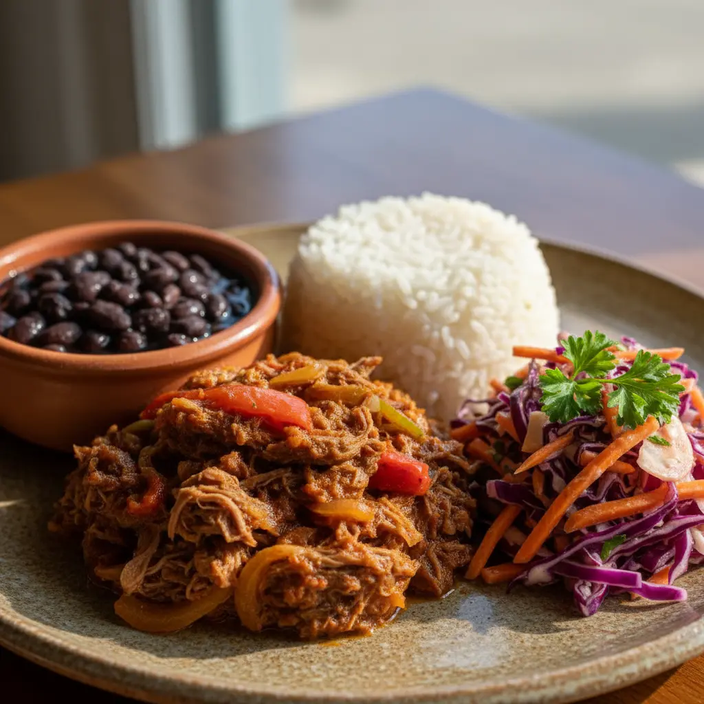 Delicioso plato cubano: Ropa Vieja Ropa vieja, arroz blanco y frijoles negros en plato rústico.