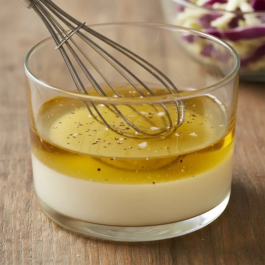 Vinaigreta casera para ensalada de col Vinaigreta dorada y blanca para ensalada de col en bol de cristal con pimienta.