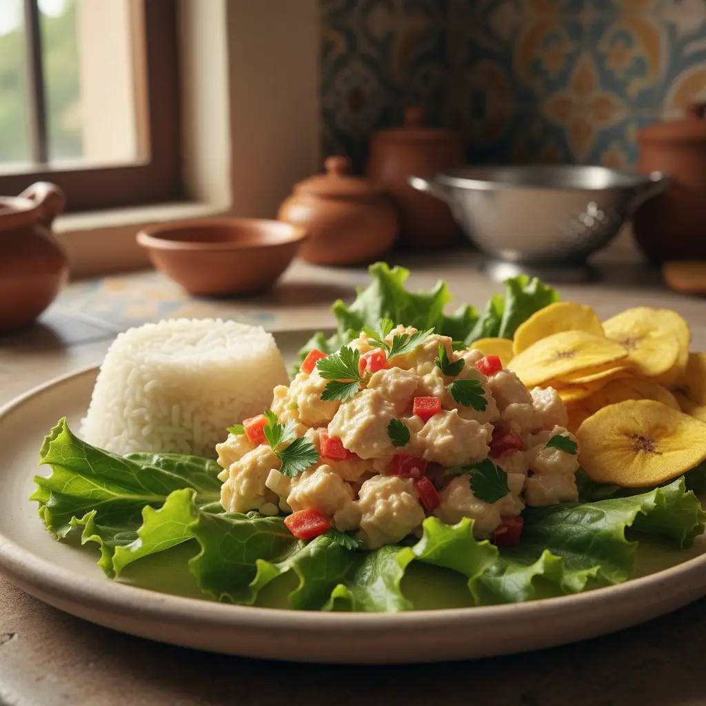 Ensalada cubana de pollo con arroz blanco y mariquitas de plátano.