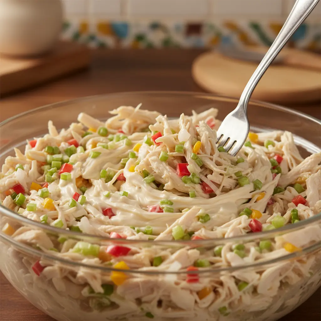Ensalada de pollo cubana casera mezclándose en bol de vidrio con tenedor.