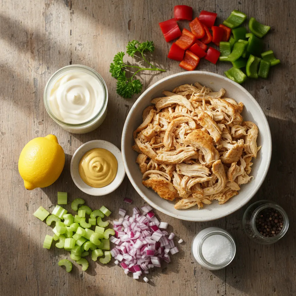 Ingredientes frescos para ensalada cubana de pollo: pollo deshebrado, mayonesa, apio, cebolla, pimientos, mostaza, limón.